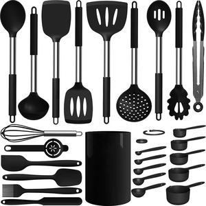 Stainless Steel Kitchen Cooking <b>Tools</b> Black <b>Silicone</b> Cooking Utensils Kitchen Utensils Set with Holder - Product Image 1