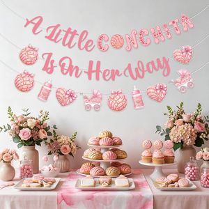 Set di Striscioni e Ghirlande per Baby Shower 'Una Piccola <span class=keywords><strong>Conchita</strong></span> in Viaggio' Tema Dolce Pane Messicano in Acquerello Rosa per Bambine - Product Image 1