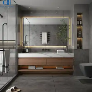 Дизайн отеля деревянная панель с плавающей настенной подвеской 48 дюймов под заказ из массива дерева Фошань набор для ванной комнаты с раковиной светодиодное зеркало