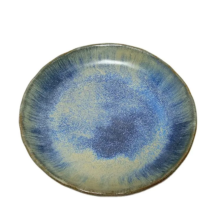 Trending hot products Nordic style vintage round blue and white glaze porcelain dish for hotel ceramic dinner flat plate