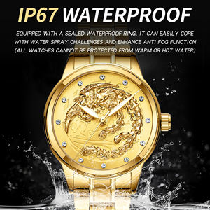 Montre de luxe dorée pour femme, étanche, lumineuse, à quartz, motif Dragon Phénix, pour couple, bracelet en acier inoxydable et cuir - Product Image 4