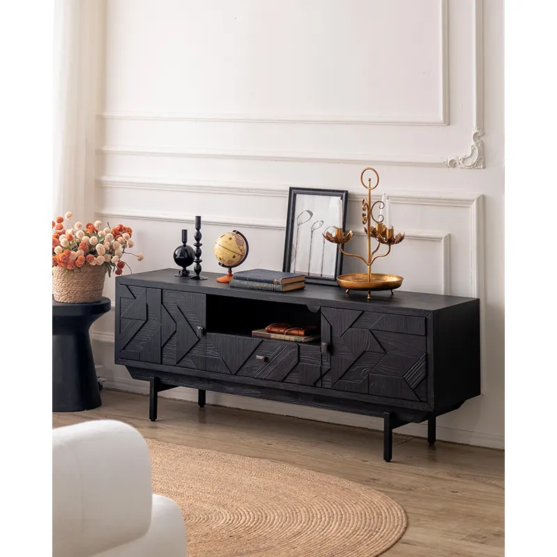 Muebles de sala de estar gabinetes de TV moderno negro Luz de lujo soporte de TV de madera con puerta y cajones