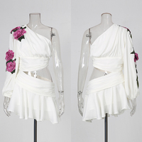 Robe mini asymétrique à manches longues lanternes pour femme, broderie florale 3D, taille découpée, froncée et à volants, pour l'été, vente en gros