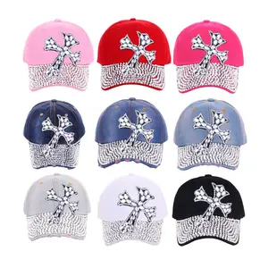 Wholesale Distressed Wash Denim Crystal Men Women 6 Panel Baseball Cap Trendy Fashioh Cotton Rhinestone Cap Bling Sport Caps