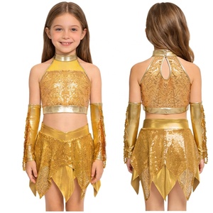 Conjunto de Ropa para Danza Jazz para Niñas de 6 a 16 Años, Top Corto con Falda Metálica y Guantes, Traje de Danza Latina para Recital y Entrenamiento - Product Image 4