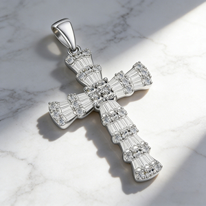 CUSTOM SILVER 10K/14K/18K GOLD PLATED LAB GROWN CVD DIAMOND CLASSIC ENGAGEMENT GIFT SWEATER <b>CHAIN</b> NECKLACE <b>CROSS</b> PENDANT VS - Product Image 2