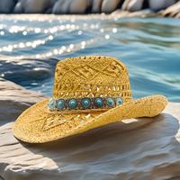 Chapeau de cowboy tissé style bohème western en gros, marron naturel, turquoise, concho argenté, pour festivals de musique, chapeaux de fête personnalisés pour adultes