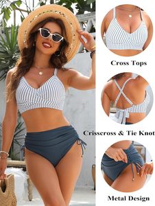 Women's High Waisted Bikini Sets XS-XL Crisscross Tie Back Swimsuit Tummy Control Drawstring Solid Bathing Suit