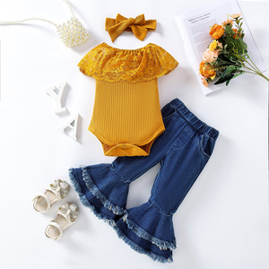 Nouvelle arrivée : Ensemble bébé fille en dentelle côtelée, body en polyester à épaules dénudées et pantalon évasé avec bandeau à nœud - Product Image 5