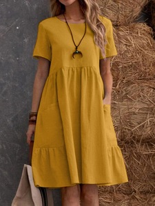 Women's <b>Loose</b> Fit Cotton Linen <b>Dress</b> Summer Round Neck Short Sleeve Casual <b>Dress</b> With Pockets - Product Image 1