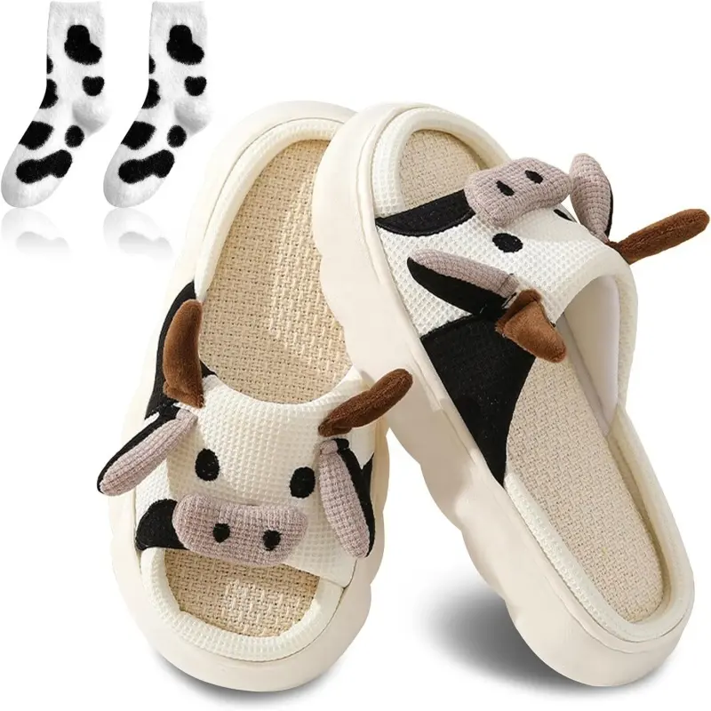 Cartoon cow slippers summer indoor outdoor slippers  linen  for both men and women home slippers open toe