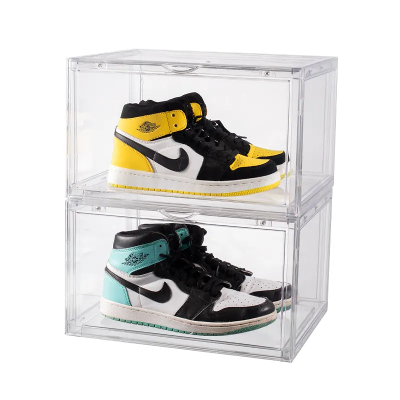 12 pack clear acrylic drop front shoe box plastic magnetic black sneaker box stackable nike shoe box storage with custom logo