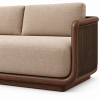 Canapé d'extérieur moderne trois places avec structure en bois massif et accoudoirs cannelés, idéal pour terrasse, jardin, cour et balcon