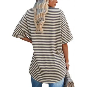 T-shirt rayé surdimensionné personnalisé pour femme, col rond, coupe ample, manches courtes, grande taille, haut d'été respirant en coton tricoté, tunique - Product Image 2