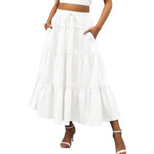 FOXA Women's Breathable Tiered A-Line Maxi <b>Skirt</b> High Waist Ruffles Flowy Cotton with Pockets <b>Boho</b> Summer - Product Image 1