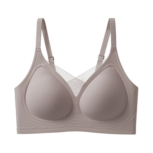 Sujetador sin aros con cuello en V de malla cortada a láser, lencería OEM al por mayor, con soporte fino acolchado de gel, talla grande, sin costuras para mujer - Product Image 1