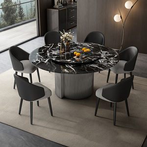 <span class=keywords><strong>Table</strong></span> à manger ronde moderne de luxe, design inspiré de l'Art déco, avec plateau en pierre à motif marbré et base en métal pour villa. - Product Image 1