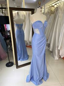 2026 elegante corsé azul polvoriento vestido de noche vestido de diamantes de imitación bordado transparente decorado Formal con cintura Natural - Product Image 5