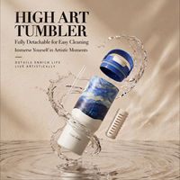 Nouveau Gobelet Isotherme 24oz à Double Paroi en Acier Inoxydable 316 avec Revêtement Céramique Intérieur, Motif Peinture à l'Huile, avec Poignée et Paille