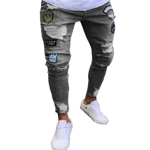 Nouveau <span class=keywords><strong>Jean</strong></span> Blanc Slim pour <span class=keywords><strong>Homme</strong></span> Style Italien, Effet Usé et Délavé, avec Écussons et Patchs Artistiques, Coupe <span class=keywords><strong>Skinny</strong></span> Biker - Product Image 1