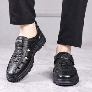 Sandalias de cuero casuales para hombre con punta redonda, suela de goma, entresuela de EVA, estilo veraniego. - Product Image 3