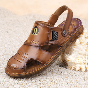 Men's Summer Leather <b>Closed</b>-<b>Toe</b> <b>Sandals</b> Flat Rubber Sole Casual Outdoor Beach Shoes Khaki Brown Slip-On - Product Image 1