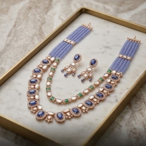Luxury Blue Stone Layered <b>Necklace</b> Rose Gold Bridal Jewelry with Earrings for Wedding Party Wear Jewelry Luxury Style - Product Image 5