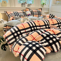 Ensemble de literie 4 pièces en velours de lait à carreaux style Muji, ensemble de housse de couette épaisse et chaude en flanelle à carreaux