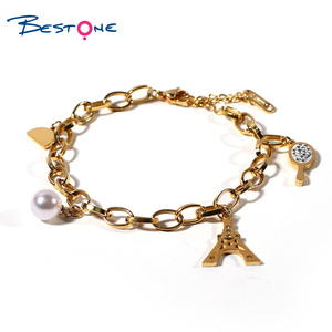 Nueva moda Wantch Band mariposa Torre Eiffel perla pequeño espejo accesorios chapado en oro titanio acero cadena pulseras - Product Image 6