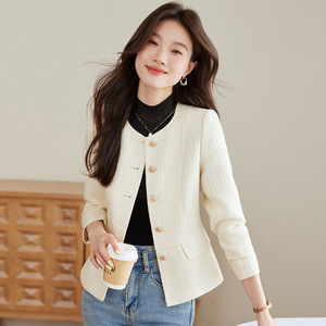 Apricot Round Neck Blazer Women Tweed Slim Fit Solid Color Polyester Worsted Jacket - Product Image 1