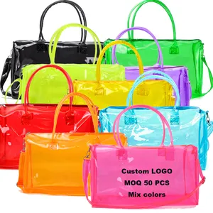 Custom Candy Color Hot Pink Travel Tote Bag Clear Plastic Beach Overnight Weekender Plain Waterproof PVC Duffle Bag Women