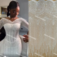 HY3230 Dentelle élégante classique blanche pure avec perles 3D et sequins pour mariage africain Asoebi, vente en gros, 5 yards