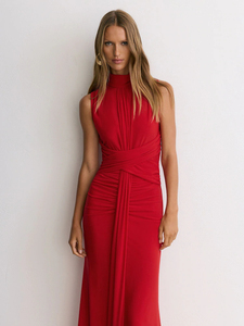Vestido Largo Rojo sin Mangas con Cuello Alto para Mujer, Diseño Cruzado con Cintura Fruncida, Vestido de Noche Formal para Invitadas de Boda y Fiestas - Product Image 3