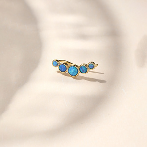 Boucle d'oreille à clip en argent sterling 925 plaqué or 18 carats avec opale bleu foncé ronde pour femme, pièce unique - Product Image 2