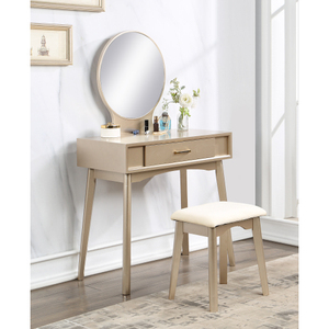 Maly Modern Oak Vanity and Stool Set with Lighted <b>Mirror</b> Gold Finish for Bedroom & Living Room - Product Image 2