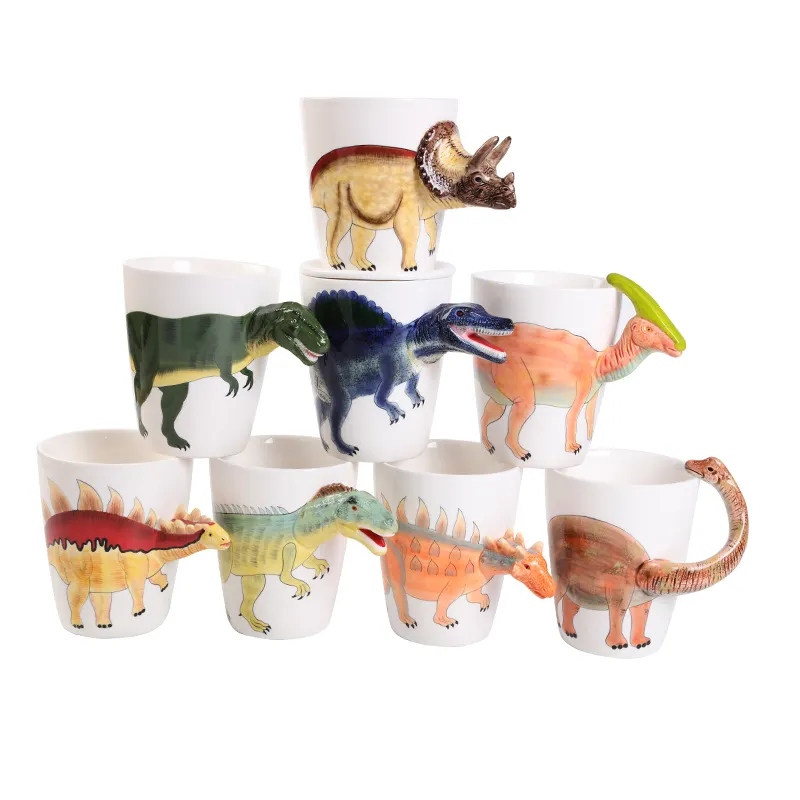Fabrik preis Keramik 3d Dinosaurier Kaffeetasse Kinder Geburtstags geschenk becher mit Tierform Niedliche Trinkbecher mit Griff