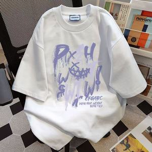 ヘビーデューティー プリント入り アメリカン 100% オーガニックコットン メンズ レディース クロップトップ 半袖 学生向け ルーズ レトロ ハイストリート カレッジ - Product Image 1