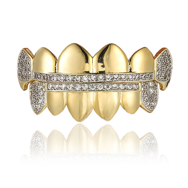 BES 18K Real Gold Plated Teeth Set Micro Paved 5A Cubic Zirconia Grillz Iced Out Bling CZ Sharp Tooth Grills Hip Hop Jewelry