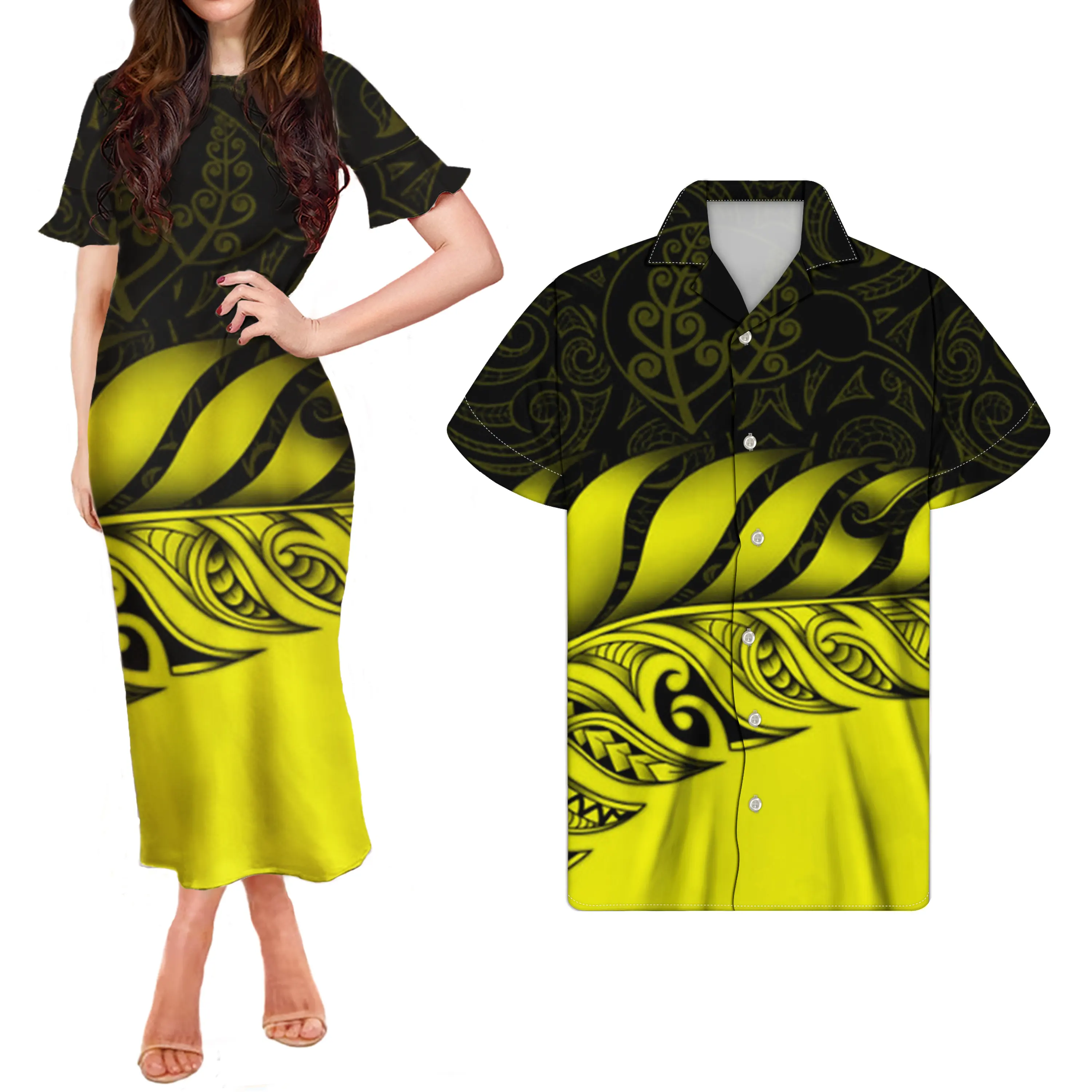 Fancy Beach Clothes For Couples Custom Elegant Long Skirts For Women Yellow Polynesian Tribal Leaf Printing Couple Clothes Set