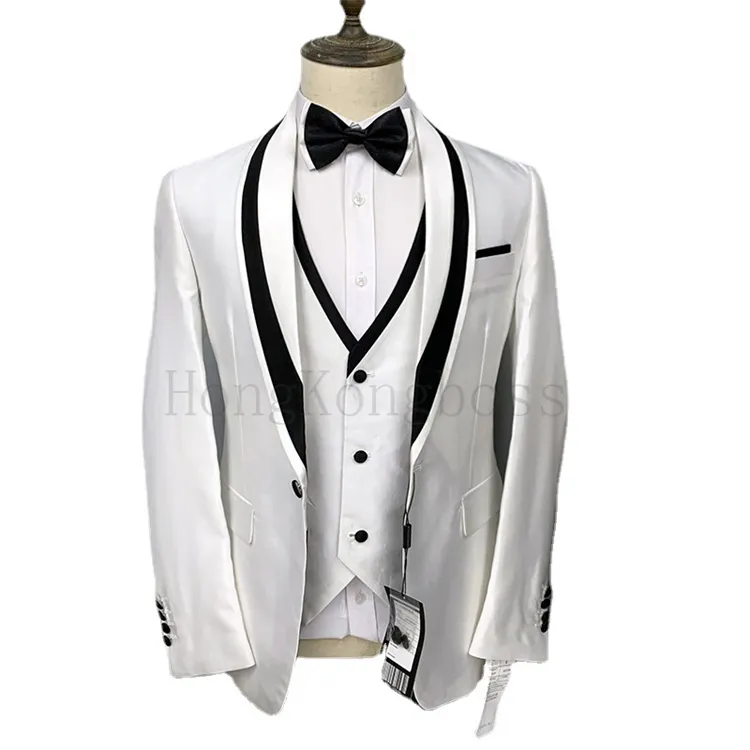 High Quality Wedding Party Suit Men's shawl collar 3 slim-fit vest and double button white groom's tuxedo wedding suit