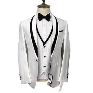 Yüksek kalite düğün parti Suit erkek şal yaka 3 slim-fit yelek ve çift düğme beyaz damadın smokin düğün suit