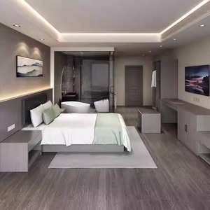 ชุดห้องนอนโรงแรมสมัยใหม่คุณภาพสูง พร้อมเตียงฐานไม้แบบปรับแต่งได้ ตู้เสื้อผ้า โต๊ะข้างเตียง โต๊ะทำงาน สำหรับใช้ในธุรกิจโรงแรม - Product Image 1