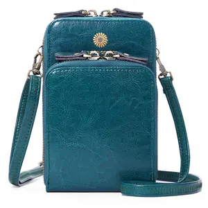 Dames Mobiele Telefoon Tas Retro Olie Wax Koeienhuid Crossbody Tas Portemonnee Dames Handtassen Echt Lederen Tas