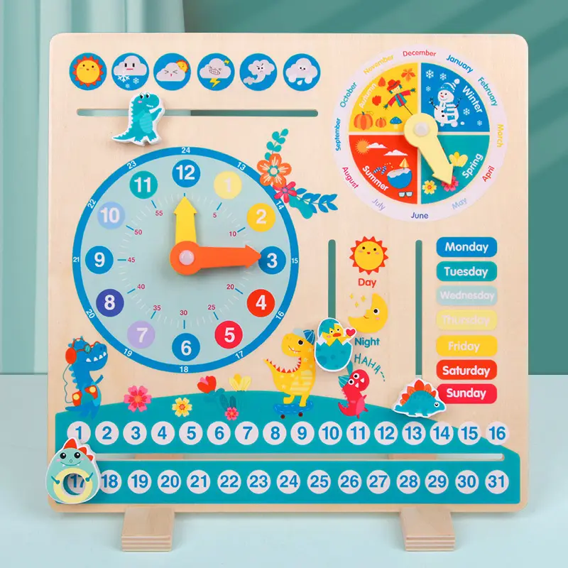 Best Gift for Kids Cute Design Fun Learning Clock Weekly Preschool Educational Toddler Dinosaur Clock Wooden Toys