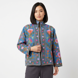 <b>Women's</b> Vintage Suzani Embroidered Knitted Floral Pattern V-neck Bomber <b>Jacket</b> Ruffles Handmade Cotton Bohemian Winter Outdoor - Product Image 1