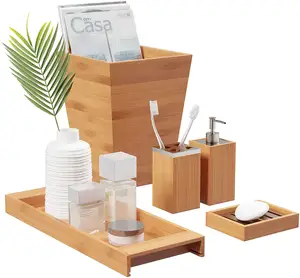 Bamboo Bathroom Accessory Set With Tray Lotion Dispenser Soap Dish Toothbrush Holder And Wastebasket