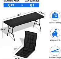Table pliante en plastique moulé par soufflage LuckyOCT de 6 pieds, grain de bois noir, HDPE, pliable en deux, pour fêtes et événements