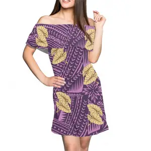 Gaun bahu terbuka S-7XL ukuran Plus gaun elegan Mini ruffle motif ungu muda polinesian untuk wanita