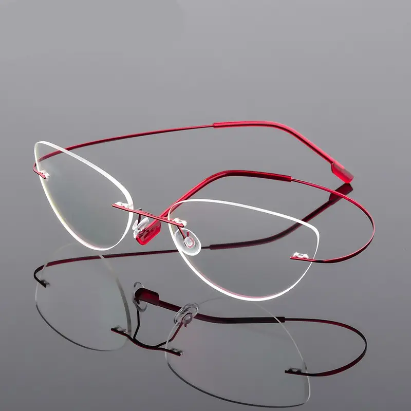 リムレスメガネフレームチタン合金超軽量眼鏡フレームレスキャットアイスクリューレスアイウェア近視光学フレーム新しい