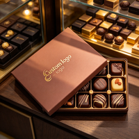Boîte à chocolats marron clair personnalisée avec logo, cadre doré et plateau alvéolé pour les confiseries, acheteurs en gros et commandes en vrac